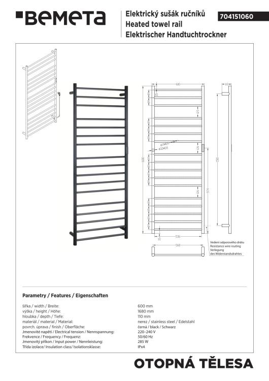 Grzejnik elektryczny na ręczniki 600x1680 mm, 285 W, czarny 704151060 rysunek techniczny