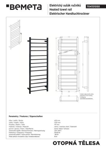 Grzejnik elektryczny na ręczniki 450x1320 mm, 180 W, czarny 704151050 rysunek techniczny