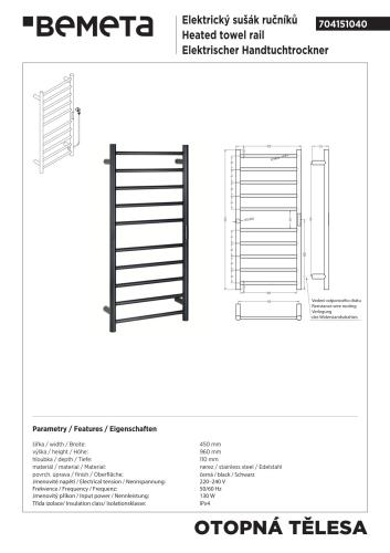 Grzejnik elektryczny na ręczniki 450x960 mm, 130 W, czarny 704151040 rysunek techniczny