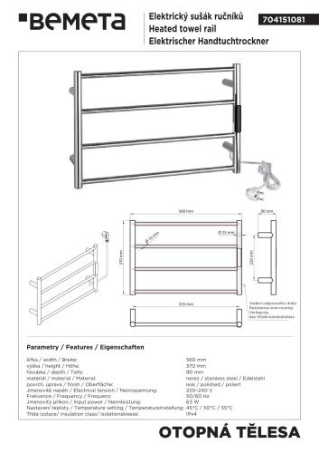 Grzejnik elektryczny na ręczniki 560x370x90 mm, 63 W, stal nierdzewna polerowana 704151081 rysunek techniczny