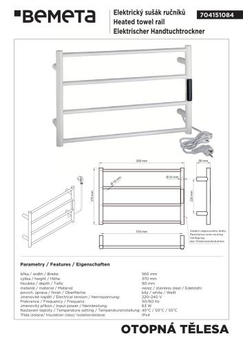 Grzejnik elektryczny na ręczniki 560x370x90 mm, 63 W, biały 704151084 rysunek techniczny
