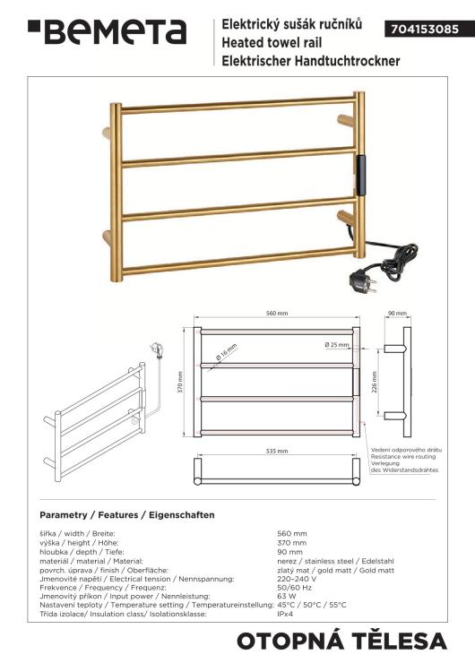 Grzejnik elektryczny na ręczniki 560x370x90 mm, 63 W, złoty mat 704153085 rysunek techniczny