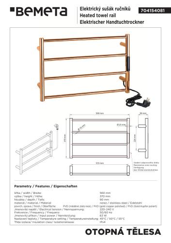 Grzejnik elektryczny na ręczniki 560x370x90 mm, 63 W, miedź 704154081 rysunek techniczny