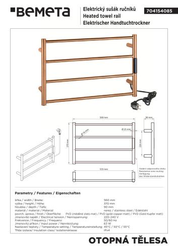 Grzejnik elektryczny na ręczniki 560x370x90 mm, 63 W, miedź mat 704154085  rysunek techniczny