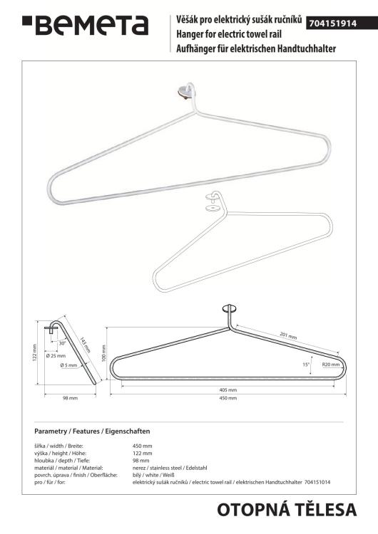Wieszak na ręcznik 450x1000 mm, biały 704151914 rysunek techniczny