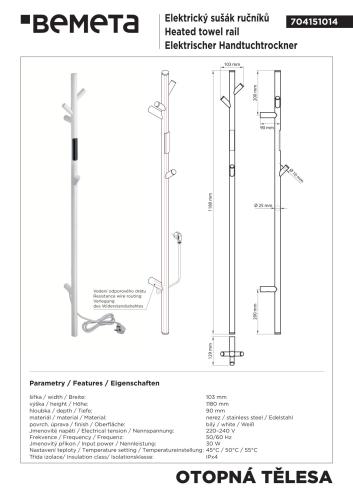 Grzejnik elektryczny na ręczniki 1180 mm, 30 W, biały 704151014 rysunek techniczny