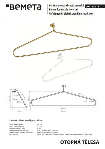 Wieszak na ręcznik 450x1000 mm, złoty mat 704153915 rysunek techniczny