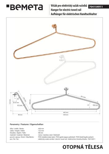 Wieszak na ręcznik 450x1000 mm, miedź 704154911 rysunek techniczny