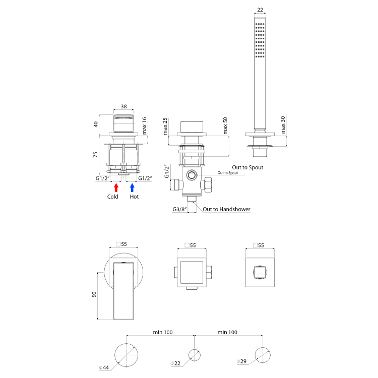 DIMY bateria na brzeg wanny trzyelementowa, chrom DIMTECH3 rysunek techniczny