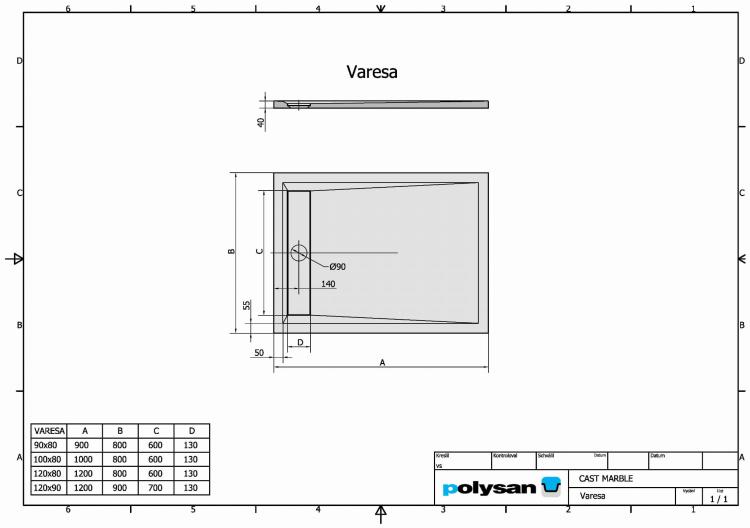 VARESA Brodzik kompozytowy prostokątny z odpływem liniowym 90x80 cm 71606 - rysunek techniczny
