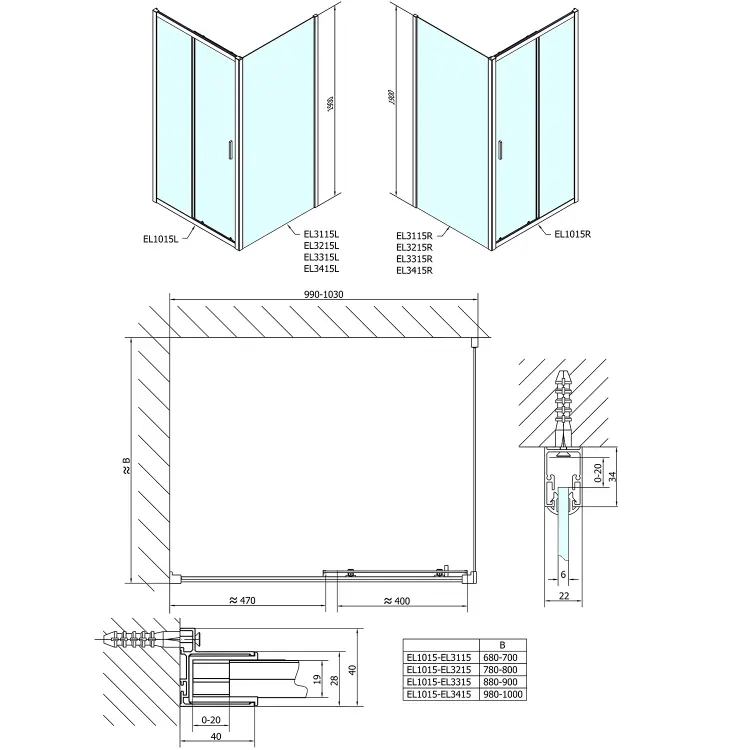 EASY drzwi prysznicowe do wnęki przesuwne 140x190 cm, szkło czyste EL1415  zestaw