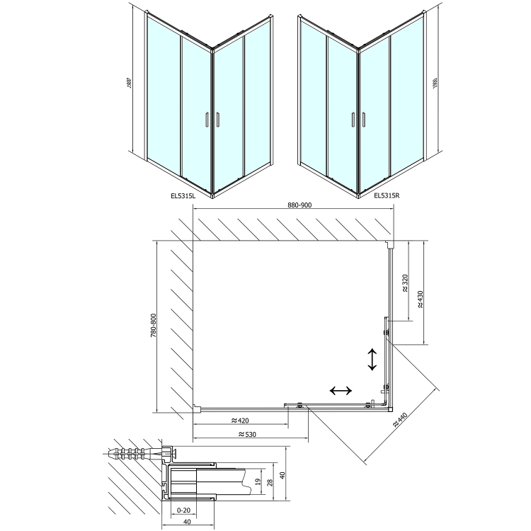 EASY kabina prysznicowa narożna prostokątna 90x80x190 cm EL5315 wymiary