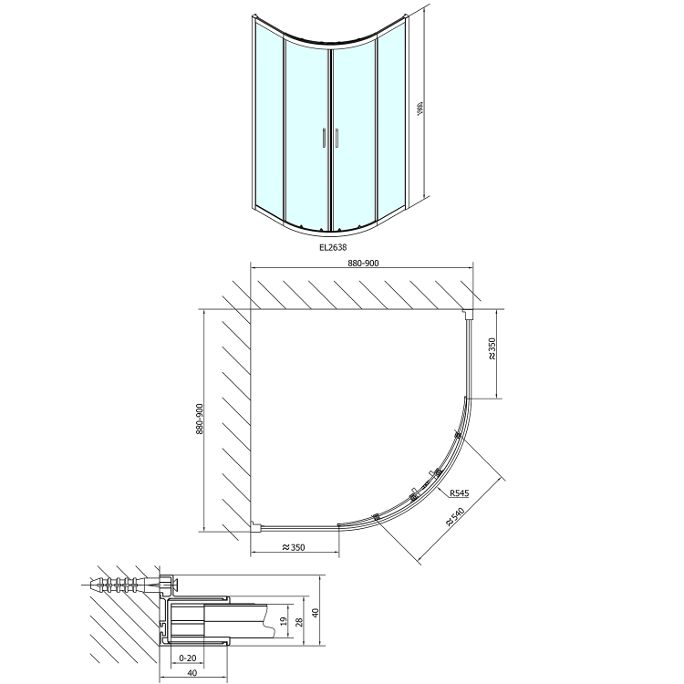 EASY kabina prysznicowa narożna półokrągła 900x900 mm szkło brick EL2638 rysunek