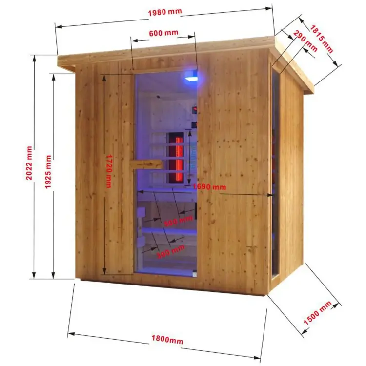 LAHTI Sauna zewnętrzna ogrodowa 4 - 6 osobowa sucha Fińska i infrared F30200 Wymiary
