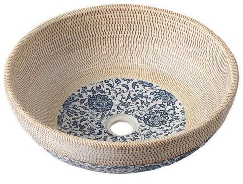 PRIORI Umywalka ceramiczna nablatowa, okrągła 42x15 cm, beżowa z niebieskim wzorem PI011
