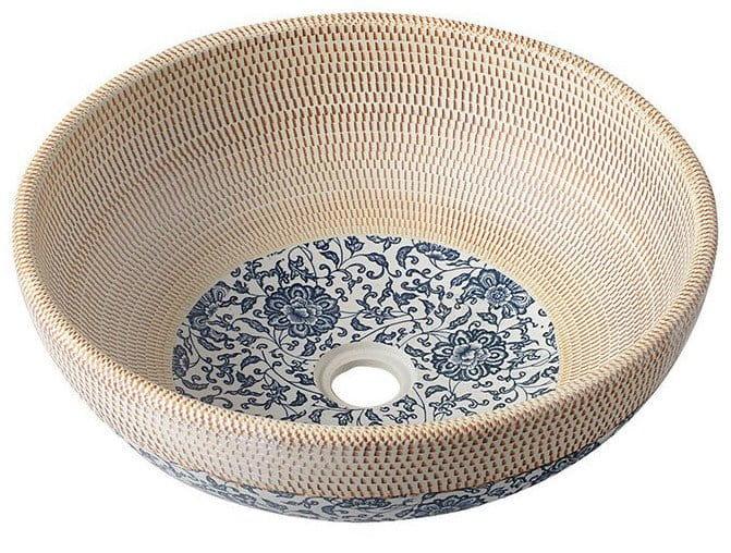 PRIORI Umywalka ceramiczna nablatowa, okrągła 42x15 cm, beżowa z niebieskim wzorem PI011