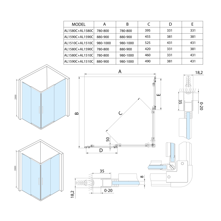 ALTIS prostokątna kabina prysznicowa 1000x900 mm, wariant L/R, wejście z rogu AL1510CAL1590C wymiary