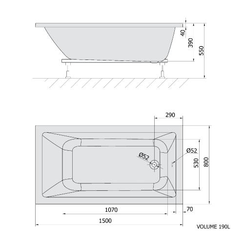 NOEMI Wanna akrylowa prostokątna 150x80x39 cm ciemnoszary 71727.30 rysunek