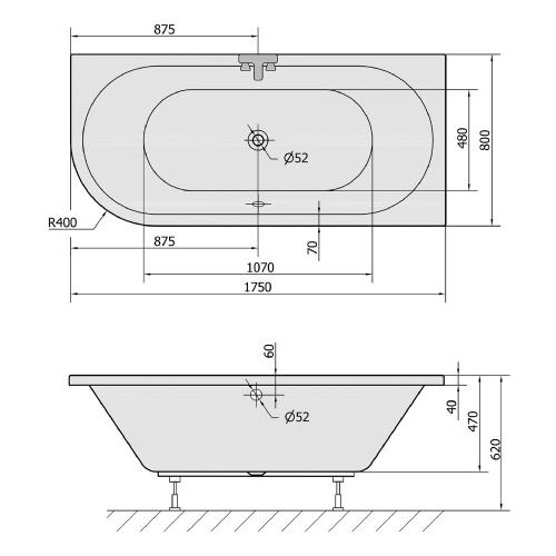 VIVA R wanna asymetryczna 175x80x47 cm, czarny mat (prawa) 78119.21 wymiary