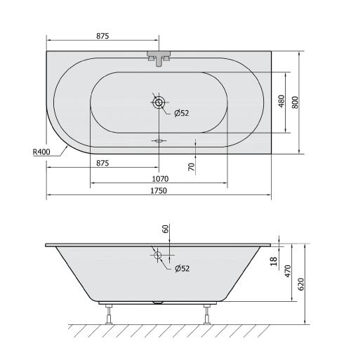 VIVA R SLIM wanna asymetryczna 175x80x47cm, biała (prawa) 78119S