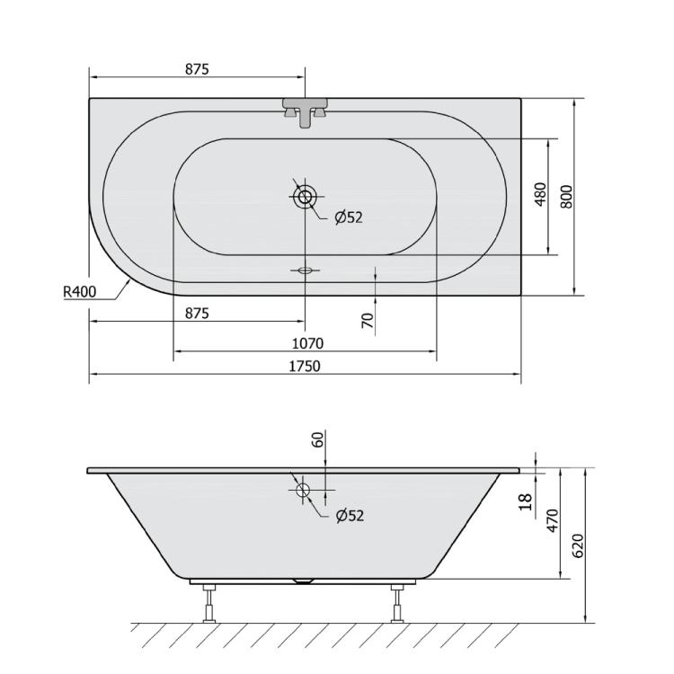 VIVA R SLIM wanna asymetryczna 175x80x47cm, biała (prawa) 78119S