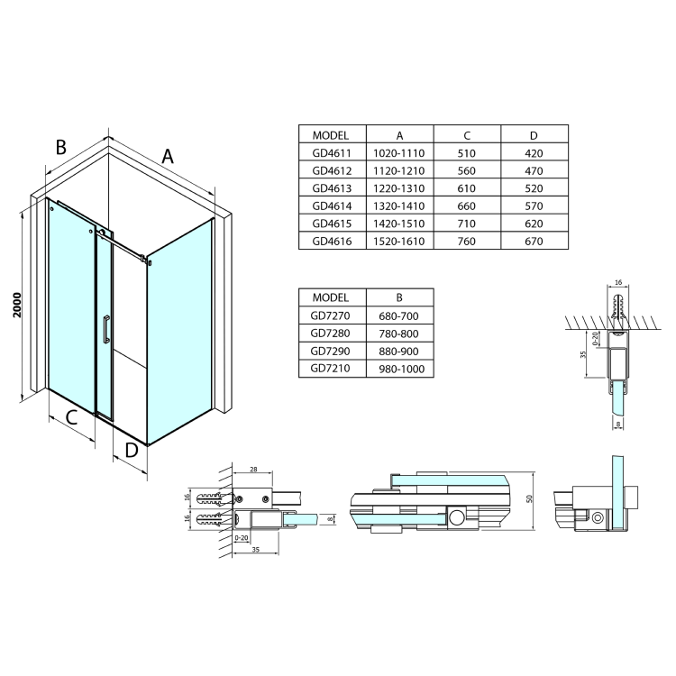 DRAGON Drzwi prysznicowe do wnęki przesuwne 120x200 cm GD4612 rysunek techniczny