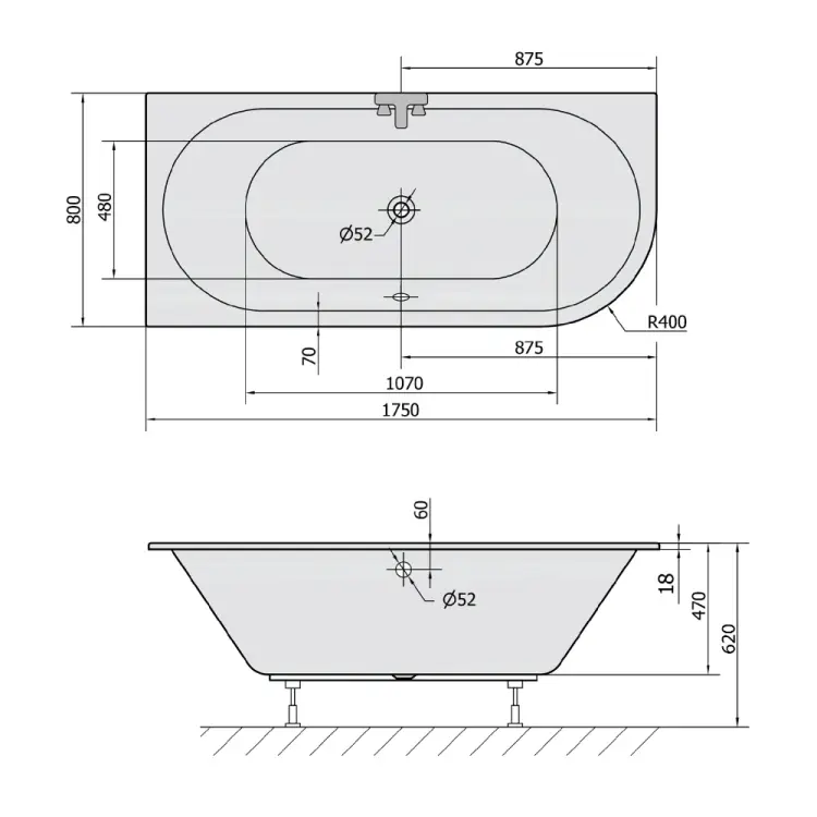 VIVA L SLIM wanna asymetryczna 175x80x47cm, biała (lewa) 70119S