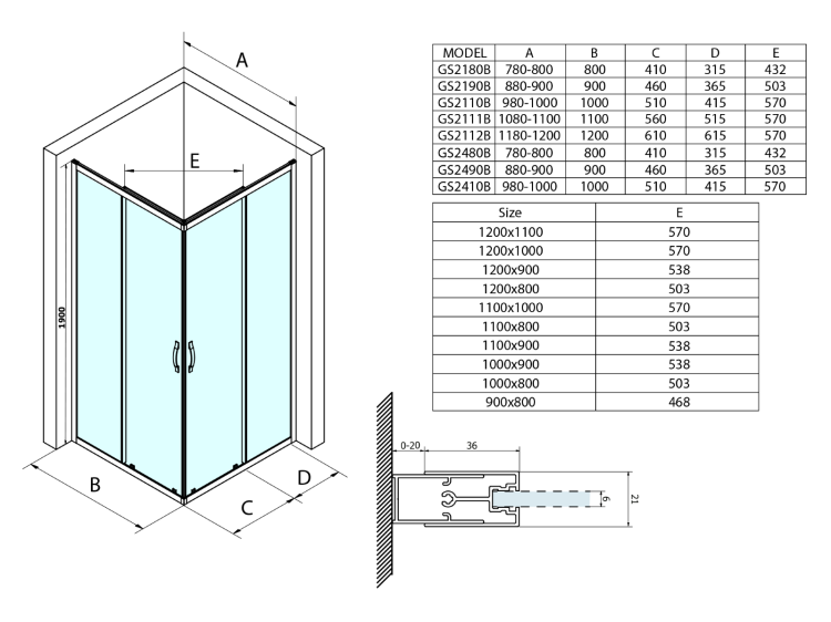 SIGMA SIMPLY BLACK kabina prysznicowa prostokątna 1000x900 mm, instalacja L/R wejście z rogu, szkło brick GS2410B-03 wymiary