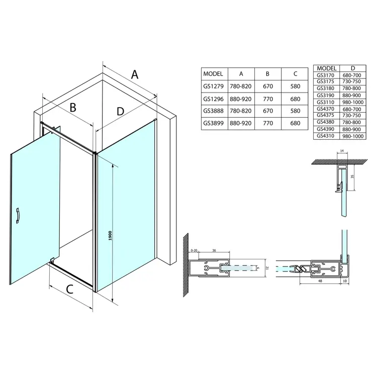 SIGMA SIMPLY Ścianka prysznicowa boczna 100x190 cm szkło czyste GS3110 rysunek