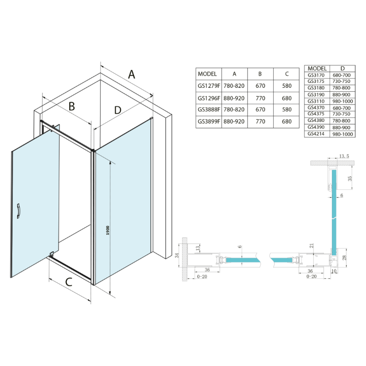 SIGMA SIMPLY Kabina prysznicowa 90x100x190 cm, drzwi obrotowe L/P szkło matowe Brick GS3899GS4310 wymiary