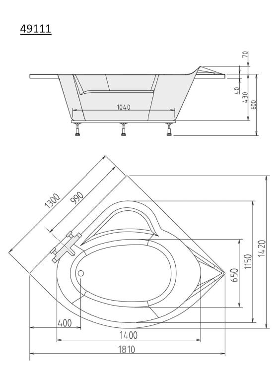 SIRIUS Wanna akrylowa narożna 130x130 cm 49111 - rysunek techniczny