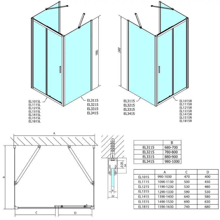 EASY kabina prysznicowa przyścienna 120x90x190 cm, wariant L/P szkło czyste EL1215EL3315EL3315 rysunek