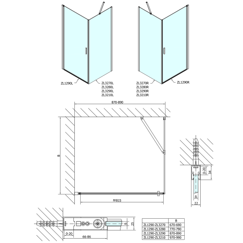 ZOOM kabina prysznicowa prostokątna 100x90x190 cm wariant L/P ZL1210ZL3290  rysunek techniczny