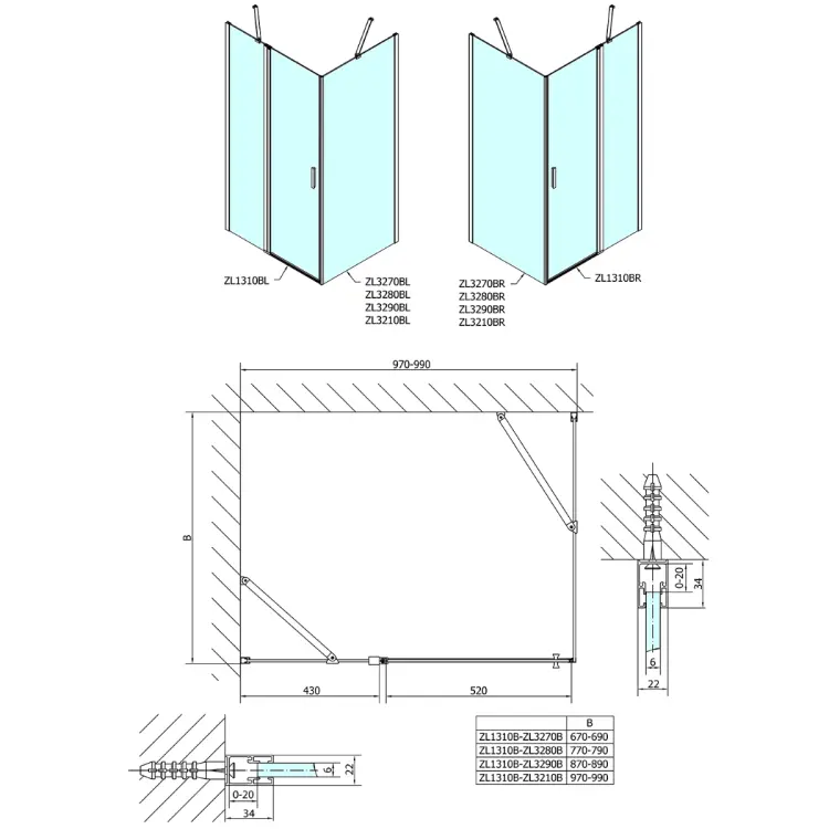 ZOOM BLACK Kabina prysznicowa narożna prostokątna 120x90x200 cm ZL1312BZL3290B  rysunek techniczny