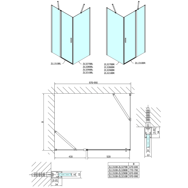 ZOOM BLACK Kabina prysznicowa narożna prostokątna 140x80x200 cm ZL1314BZL3280B  rysunek techniczny
