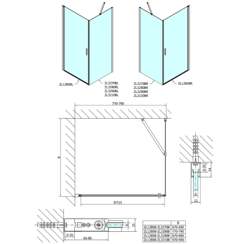 ZOOM BLACK Kabina prysznicowa narożna prostokątna 90x100x200 cm ZL1290BZL3210B rysunek techniczny