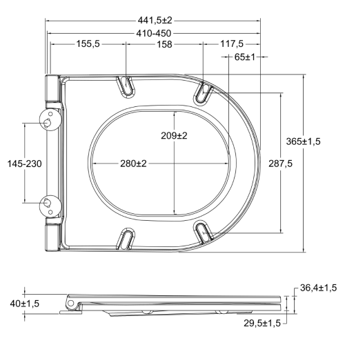 SISTEMA A deska WC, SLIM, Soft Close, Easy Take, biała 40KF0200I rysunek techniczny