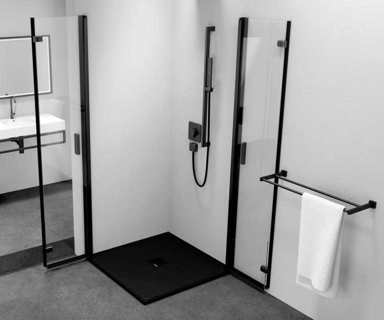 ZOOM BLACK Kabina prysznicowa narożna kwadratowa 90x90x200 cm wejście z rogu ZL4915BL-02 otwarte drzwi