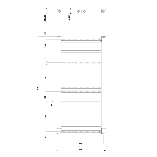 DIRECT Grzejnik łazienkowy 600x960 mm, 597 W, czarny mat ILR96B wymiary
