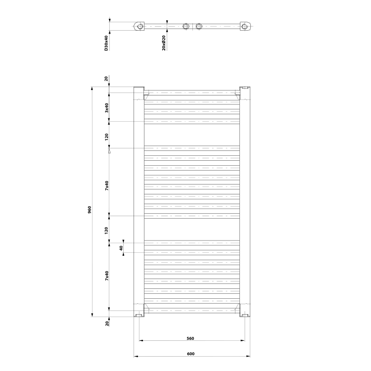 DIRECT Grzejnik łazienkowy 600x960 mm, 597 W, biały ILR96T rysunek