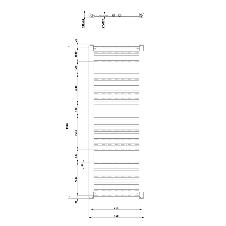 DIRECT Grzejnik łazienkowy 450x1320 mm, 594 W, czarny mat ILR34B wymiary