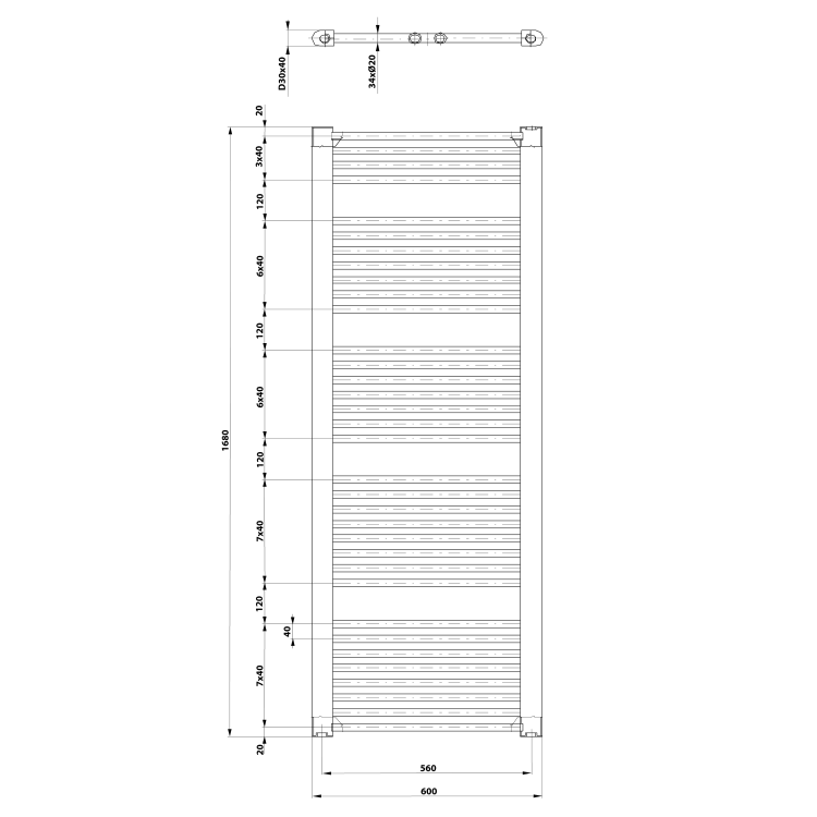 DIRECT Grzejnik łazienkowy 600x1680 mm, 1013 W, czarny mat ILR66B rysunek techniczny