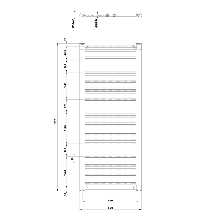 DIRECT Grzejnik łazienkowy 600x1320 mm, 795 W, czarny mat ILR36B wymiary