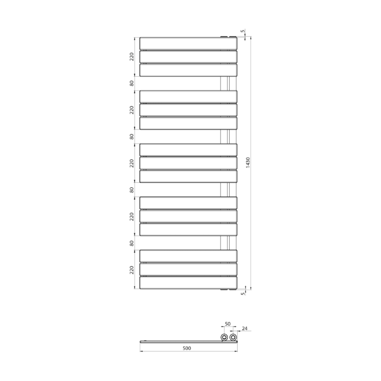 MYTHOS grzejnik łazienkowy 500x1430 mm, 602 W, biały LLM514W rysunek techniczny