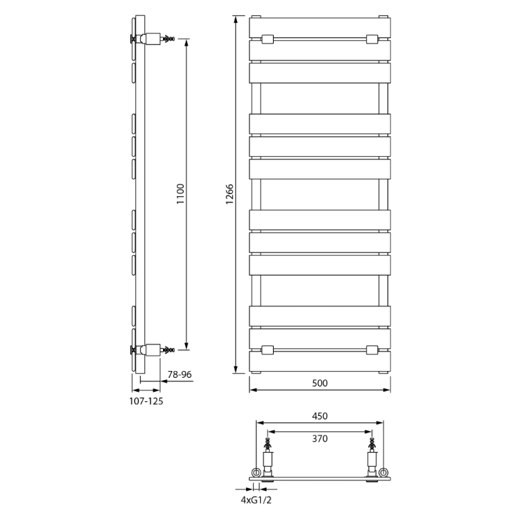 BONDECO grzejnik łazienkowy 500x1266 mm, 577 W, biały DC512W wymiary