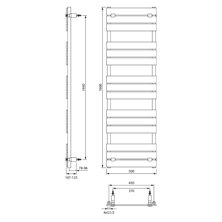 BONDECO grzejnik łazienkowy 500x1606 mm, 712 W, biały DC516W wymiary