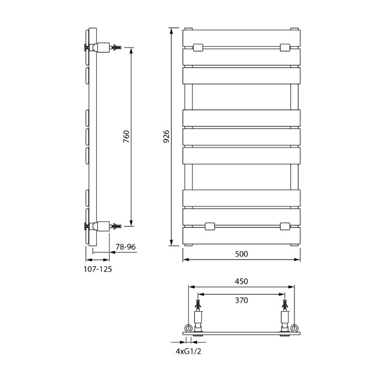 BONDECO grzejnik łazienkowy 500x926 mm, 442 W, czarny mat DC592B wymiary