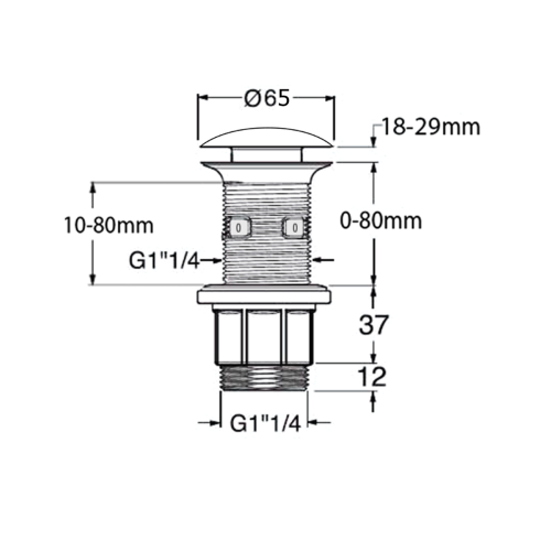 Korek umywalkowy 5/4'', klik-klak, betonowy grzybek, 10-80 mm, żółty półpołysk AS922 rysunek techniczny