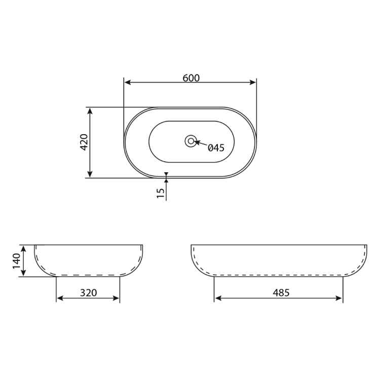CALEO umywalka ceramiczna nablatowa, 60x42x14 cm, marmur portoro CA590PT rysunek techniczny