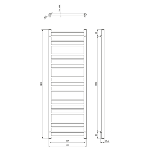 DINA Grzejnik łazienkowy czarny mat 500x1440 512 W mm IR369B wymiary